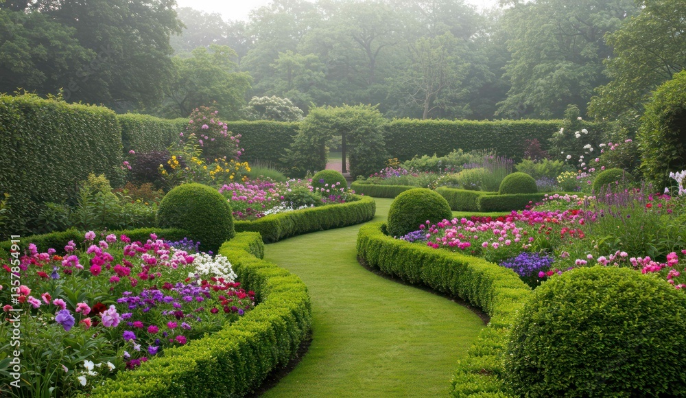 Obraz premium A peaceful garden path lined with colorful flowers and trimmed hedges,