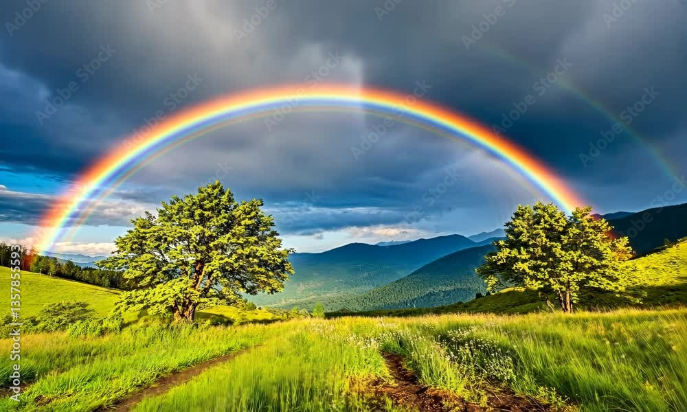 A vibrant rainbow arches over a lush green valley, with mountains in the background under a dramatic sky A vibrant rainbow arches over a lush green valley, with mountains in the background under a dramatic sky