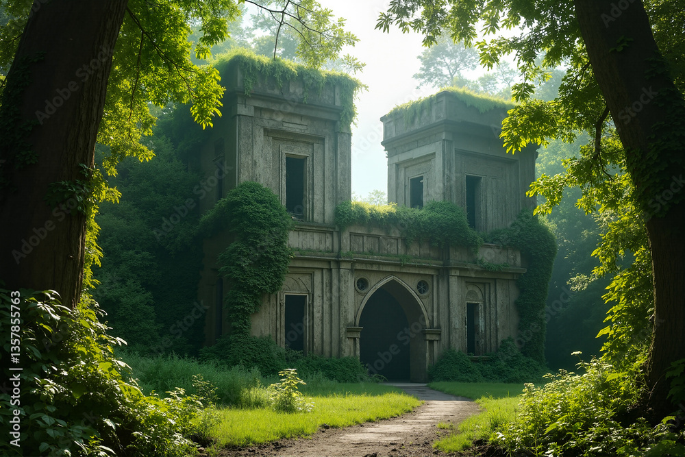 Obraz premium The image shows an old building in the middle of a forest