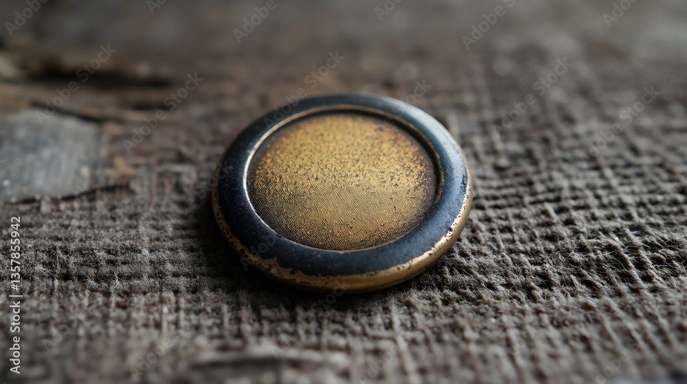 The image shows a close up of a button on a wooden table. The button is in focus The image shows a close up of a button on a wooden table. The button is in focus