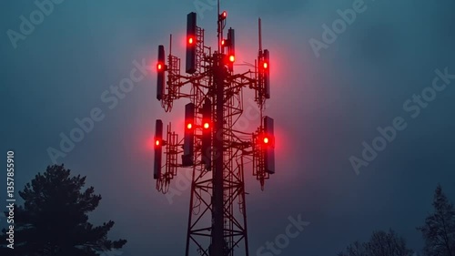 Foggy night, cellular tower with red lights, forest background, night scene, possible use in a technology or nature themed image