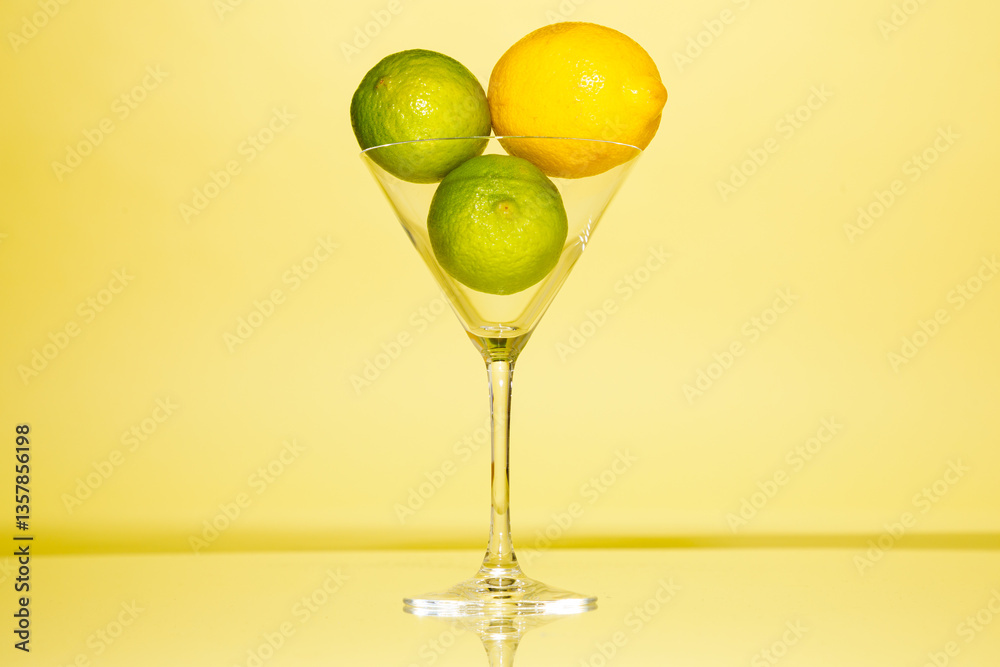 Lemons and limes in martini glass against yellow background