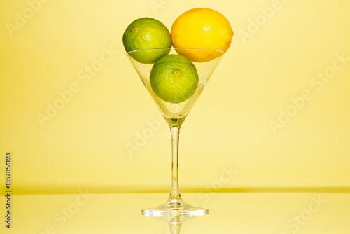 Obraz na płótnie Lemons and limes in martini glass against yellow background w salonie