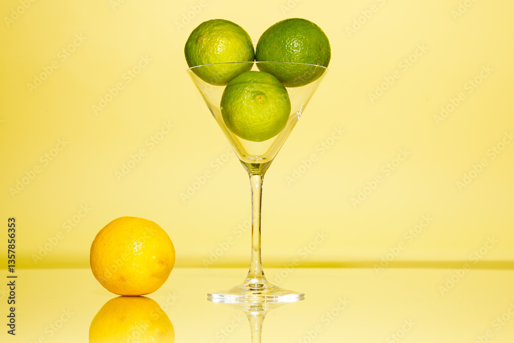 Lemons and limes in martini glass against yellow background