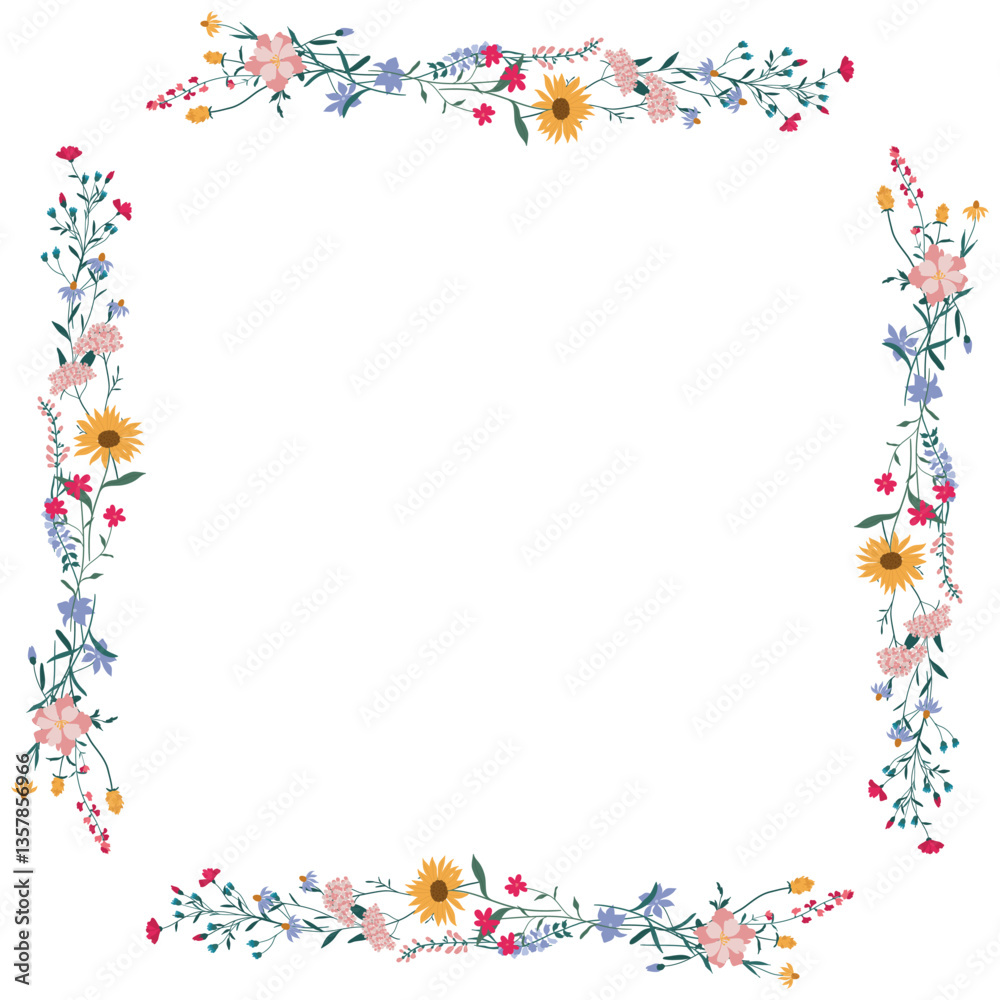 Square flower frame, wreath. Flower design template. Romantic banner of the celebration of a delicate wedding holiday. The plant is a decorative botanical border. Vegetation decor. Vector Square flower frame, wreath. Flower design template. Romantic banner of the celebration of a delicate wedding holiday. The plant is a decorative botanical border. Vegetation decor. Vector