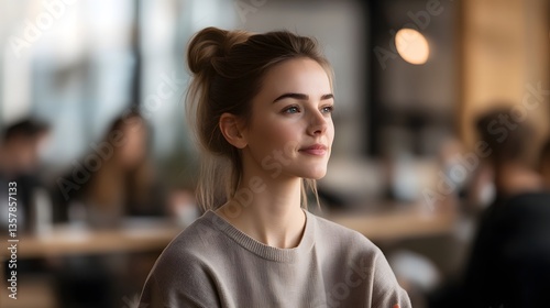 Thoughtful Young Woman with Blonde Hair in Casual Sweater Daydreaming in Modern Office