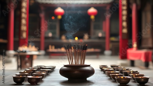 Burning Incense Sticks in Ancient Asian Temple with Candles Spiritual Atmosphere