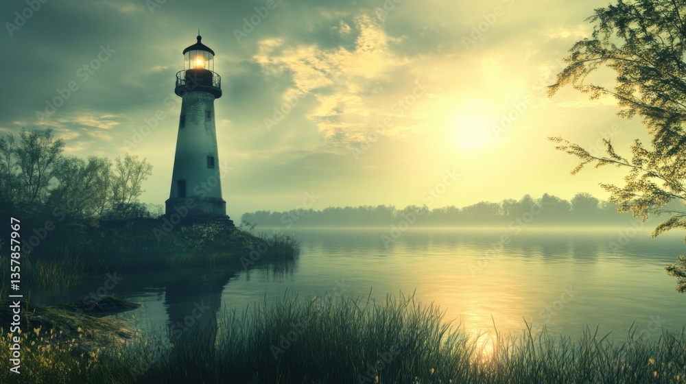 Fototapeta premium Lighthouse by river. Generative AI