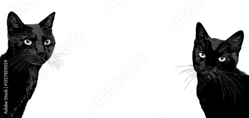 Banner with black cats. Dark cat background with empty white space for information. Kittens wall stickers, animal peeking. Decorative vector poster