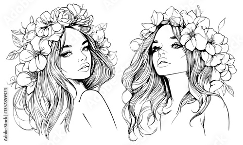 Beautiful girl in floral wreath on head. Coloring book page with young female characters. Pretty woman and flowers, drawing sketch vector concept