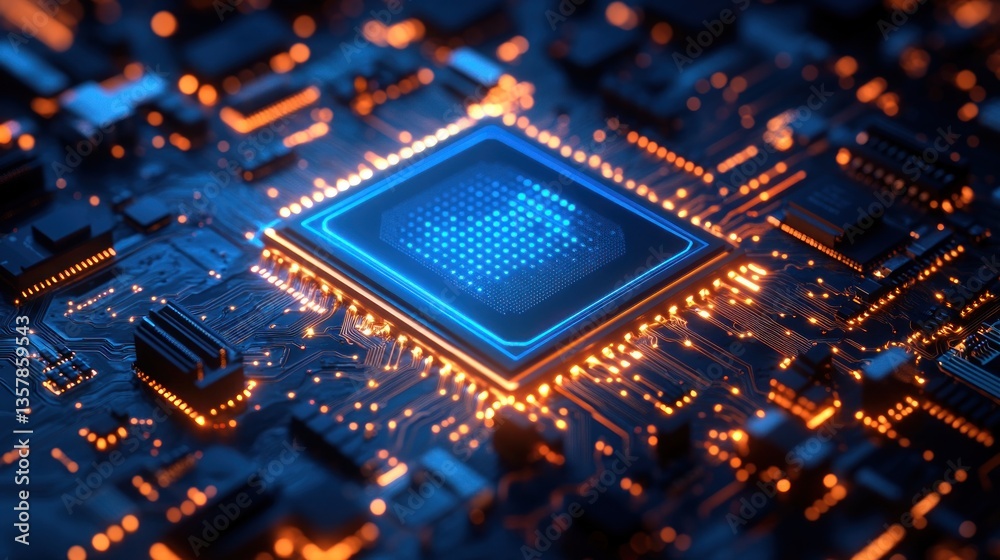 Glowing CPU Microchip on Circuit Board: High-Tech Digital Technology Glowing CPU Microchip on Circuit Board: High-Tech Digital Technology