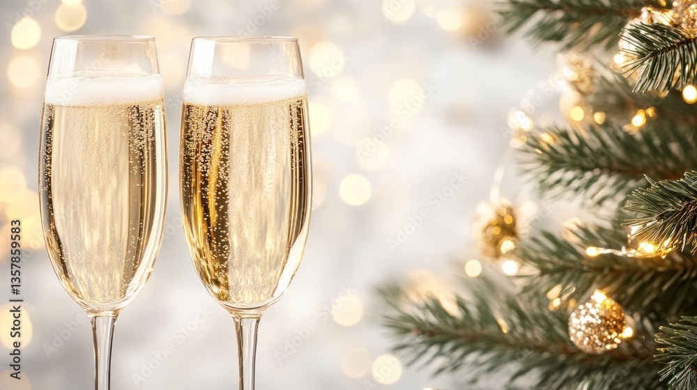 Two Glasses of Champagne Near a Christmas Tree Two Glasses of Champagne Near a Christmas Tree