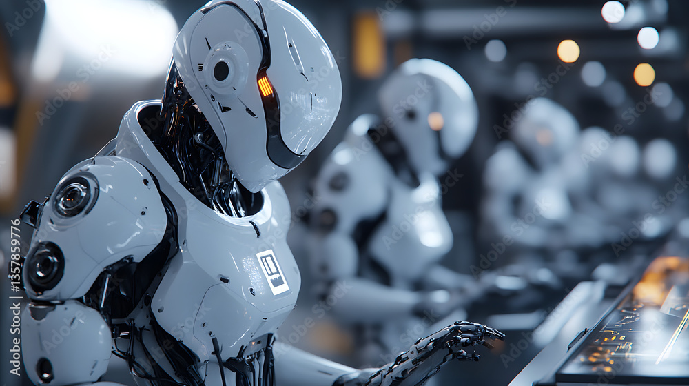 Fototapeta premium Futuristic AI robots interacting with a digital interface, optimizing the workflow in a cutting-edge manufacturing facility.