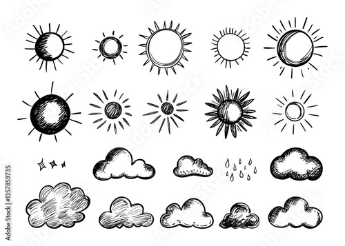 Doodle sun and clouds weather icons. Childish style drawing nature elements. Isolated suns, fluffy cloud and rain drops, vector sketch elements