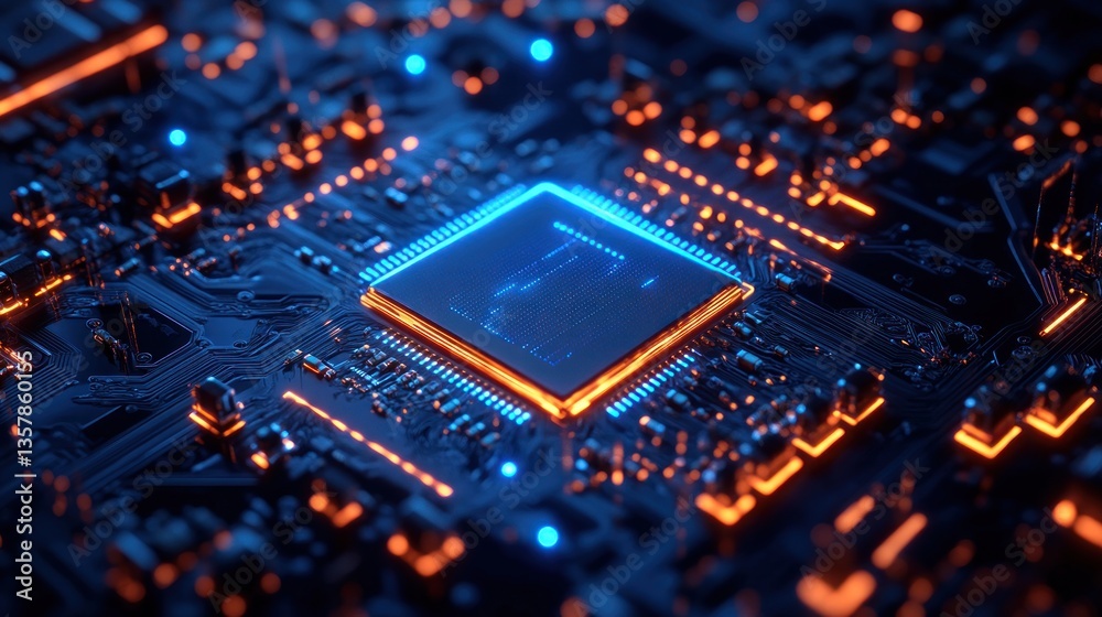 Glowing Circuit Board: A Close-Up of a Microchip's Intricate Design Glowing Circuit Board: A Close-Up of a Microchip's Intricate Design