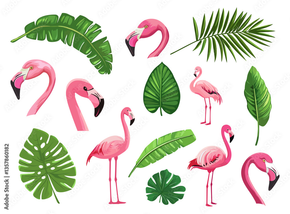 Obraz premium Pink flamingo and tropical leaves. Cartoon flamingos heads, palm tree green leaf. Exotic plants, cute birds characters. Beach seaside nature, vector set
