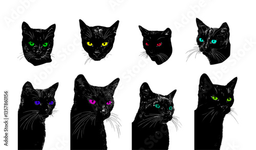 Photocopy grunge black effects cats. Isolated cat with neon colors eyes. Stylish interior stickers, covers decorative elements, angle kittens, vector set