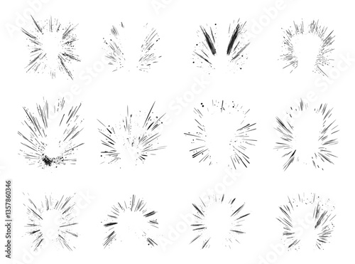 Rays doodle style. Isolated hand drawn sketch flying lines and dots. Emotional outburst symbols, manga anime style expression of emotions, vector set