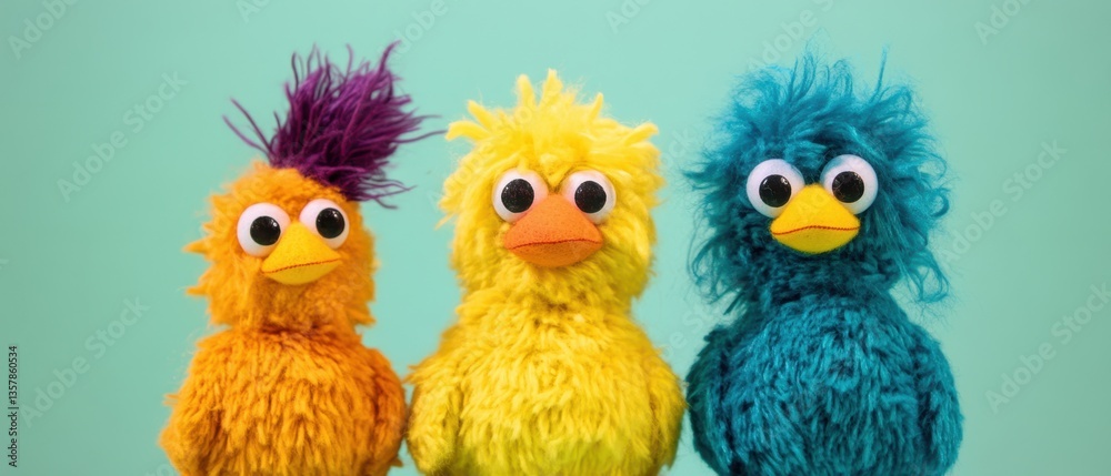 Fototapeta premium Three vibrant stuffed birds are positioned side by side, showcasing their colorful designs and playful features in a delightful display.