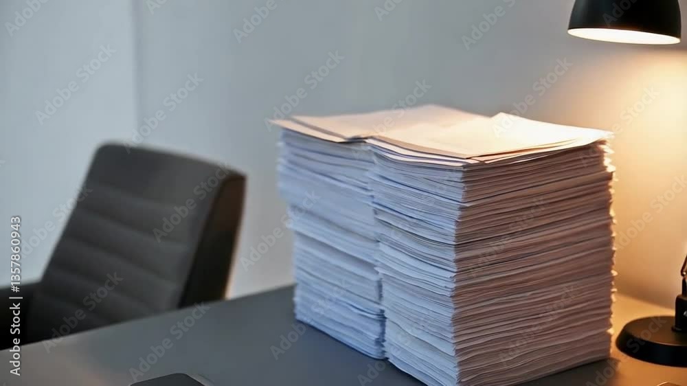 Stack of Papers on a Desk Under a Lamp in a Modern Office Setting Highlighting Organization Challenges