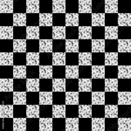 Black and white chessboard with checkered pattern and square tiles