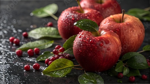 Fresh Red Apples with Water Droplets – Juicy Organic Apples with Green Leaves and Berries on a Dark Surface