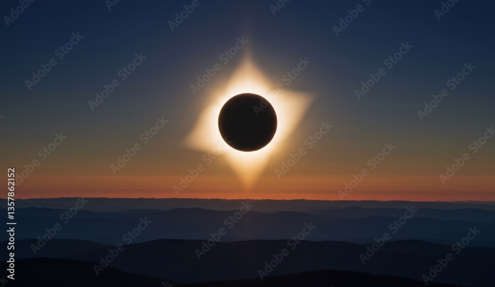 Fototapeta premium A dramatic total solar eclipse over hazy mountain ranges,