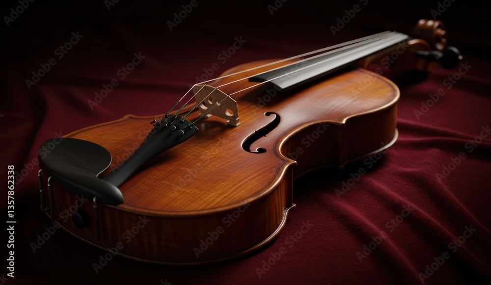 Obraz premium Elegant violin with beautiful wood grain resting on a red velvet cloth,