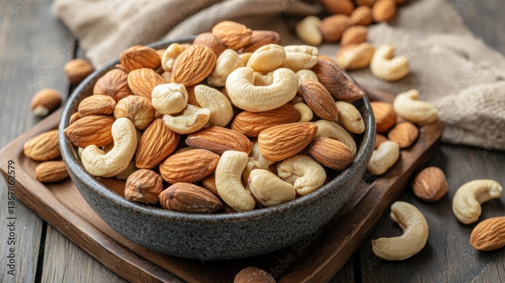 A bowl of assorted nuts on a wooden tray perfect for healthy snacking and culinary uses A bowl of assorted nuts on a wooden tray perfect for healthy snacking and culinary uses