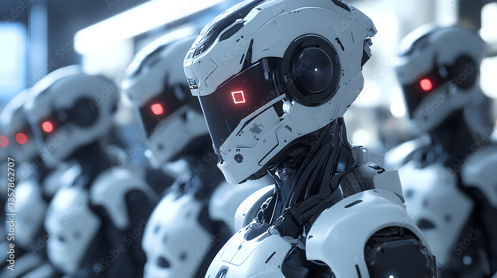 Fototapeta premium Futuristic robots using advanced AI to streamline the production of complex electronic devices in a highly automated factory.