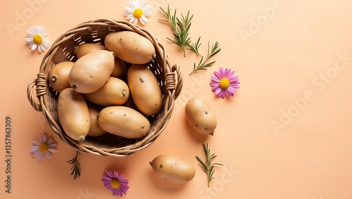 Rustic Autumn Flat Lay with Fresh Sweet Potatoes, Floral Accents, and Rosemary on a Warm Peach Background