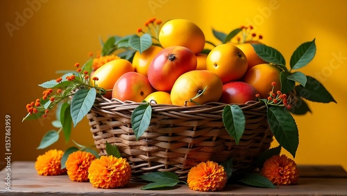Summer Flat Lay with Mango Basket, Tropical Flowers, and Straw Hat