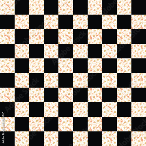 Black and white chessboard with checkered pattern and square tiles