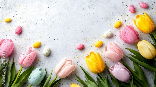 Colorful tulips in full bloom with vivid green grass in soft focus and pastel shades spring flower background for seasonal illustration and nature wallpaper