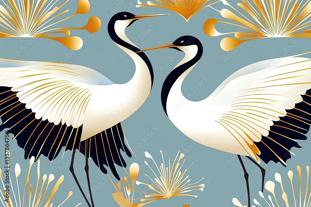 Obraz premium Elegant art deco wallpaper pattern featuring golden cranes on a muted blue background showcasing luxurious vintage style