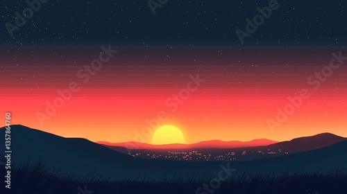 A panoramic view of a twilight sky, showcasing a gradient of deep blue transitioning to vibrant hues of orange and purple