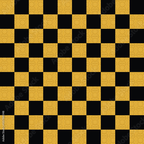 Black and white chessboard with checkered pattern and square tiles