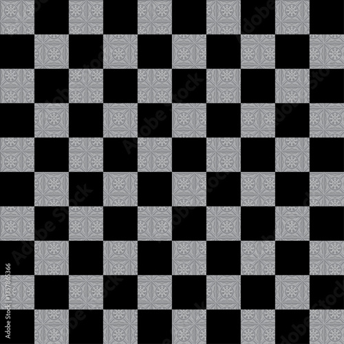 Black and white chessboard with checkered pattern and square tiles