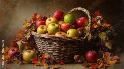 Autumn Harvest A Basket Overflowing with Apples and Vibrant Fall Leaves