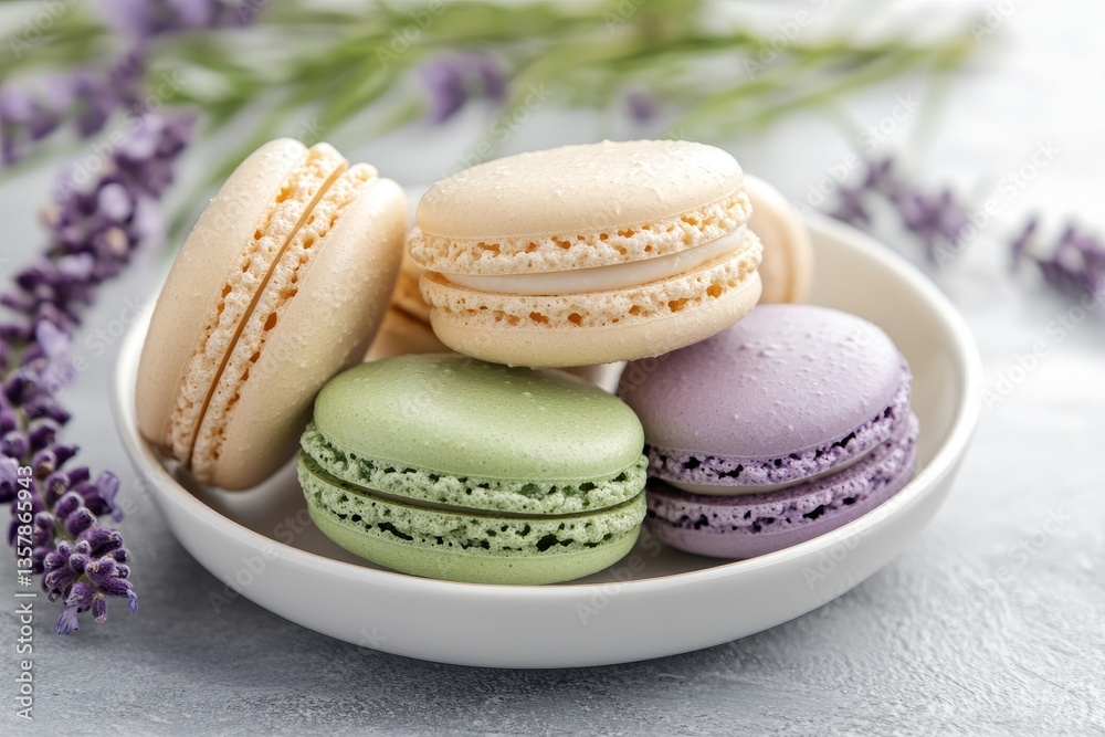 Obraz premium A plate of pastel macarons in various colors, surrounded by lavender flowers on a light background