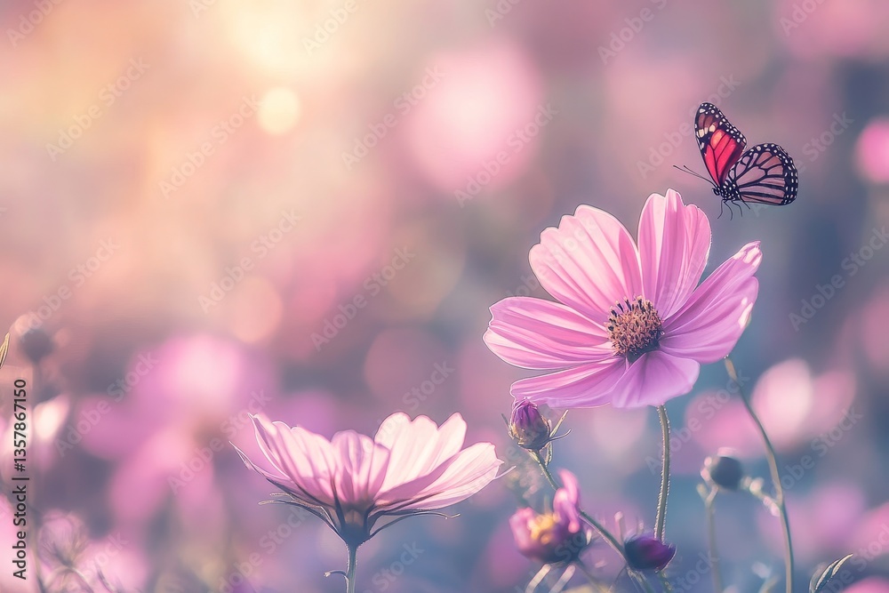 Fototapeta premium Field of colorful flowers and butterflies on a meadow in sunlight, beautiful bokeh