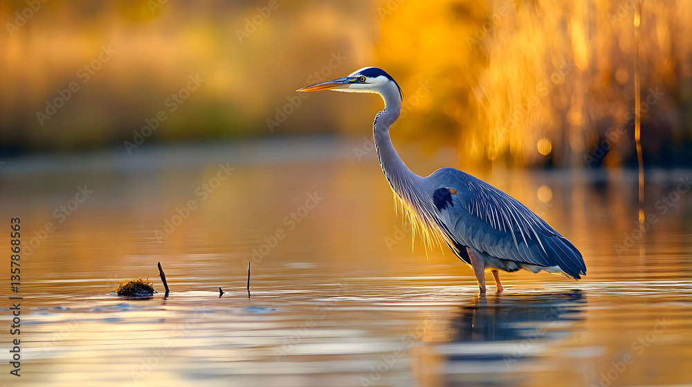 Naklejka premium Great blue heron wading bird sunset reflection golde