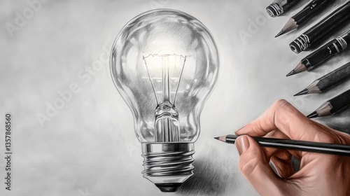 A hand holding a pencil is drawing a sketched light bulb on a white background.