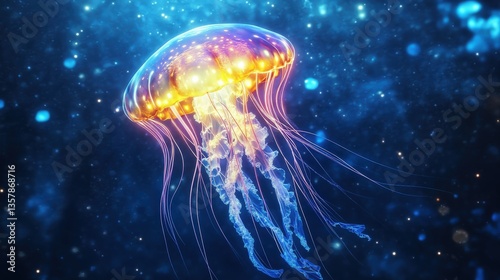 A colorful glowing jellyfish swims in the deep blue sea