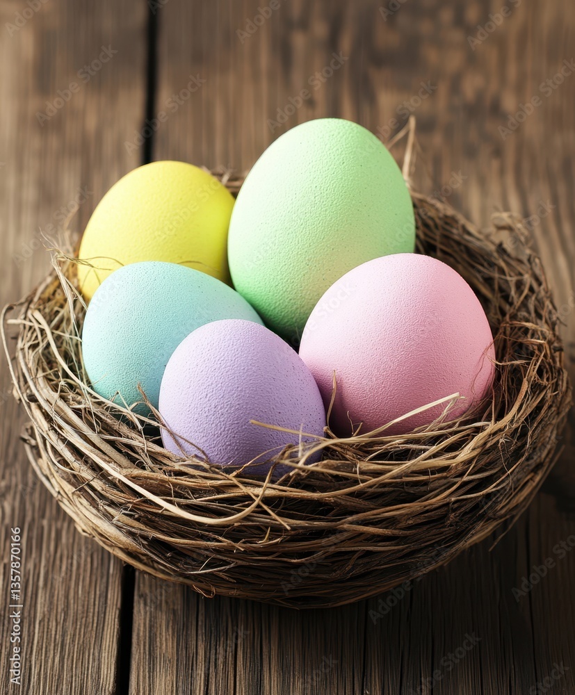 Obraz premium A close-up view of a nest containing four vibrant, colorful eggs, showcasing nature's beauty and intricate details of avian life.