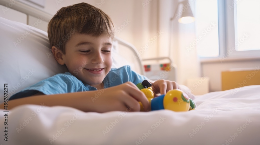 Child hospitalization with a child playing with a toy in a hospital bed. Featuring comfort and distraction Child hospitalization with a child playing with a toy in a hospital bed. Featuring comfort and distraction