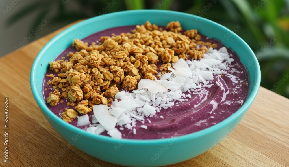 A bright smoothie bowl with granola and coconut in a turquoise bowl,