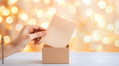 A hand places a blank card into a box