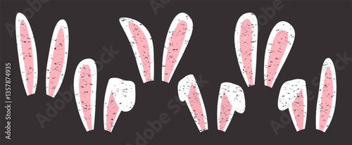 Easter bunny ear, rabbit crayon design, cute hare character pencil art, cartoon animal chalk ears, spring funny pet, grunge silhouette set on blackboard. Simple color charcoal vector illustration
