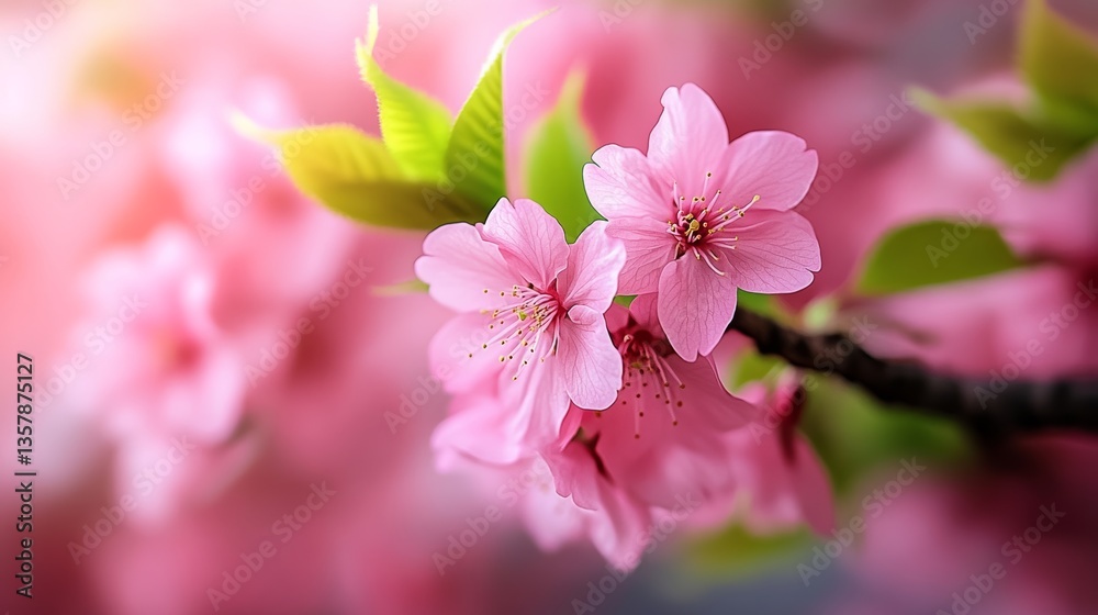Obraz premium Close up of a pink flower with green leaves. The flower is in full bloom and the colors are vibrant. Concept of beauty and freshness, as well as the fleeting nature of life